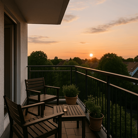 Gemütlicher Balkon mit Holzstühlen und Tisch, Sonnenuntergang über der Stadt im Frühsommer.