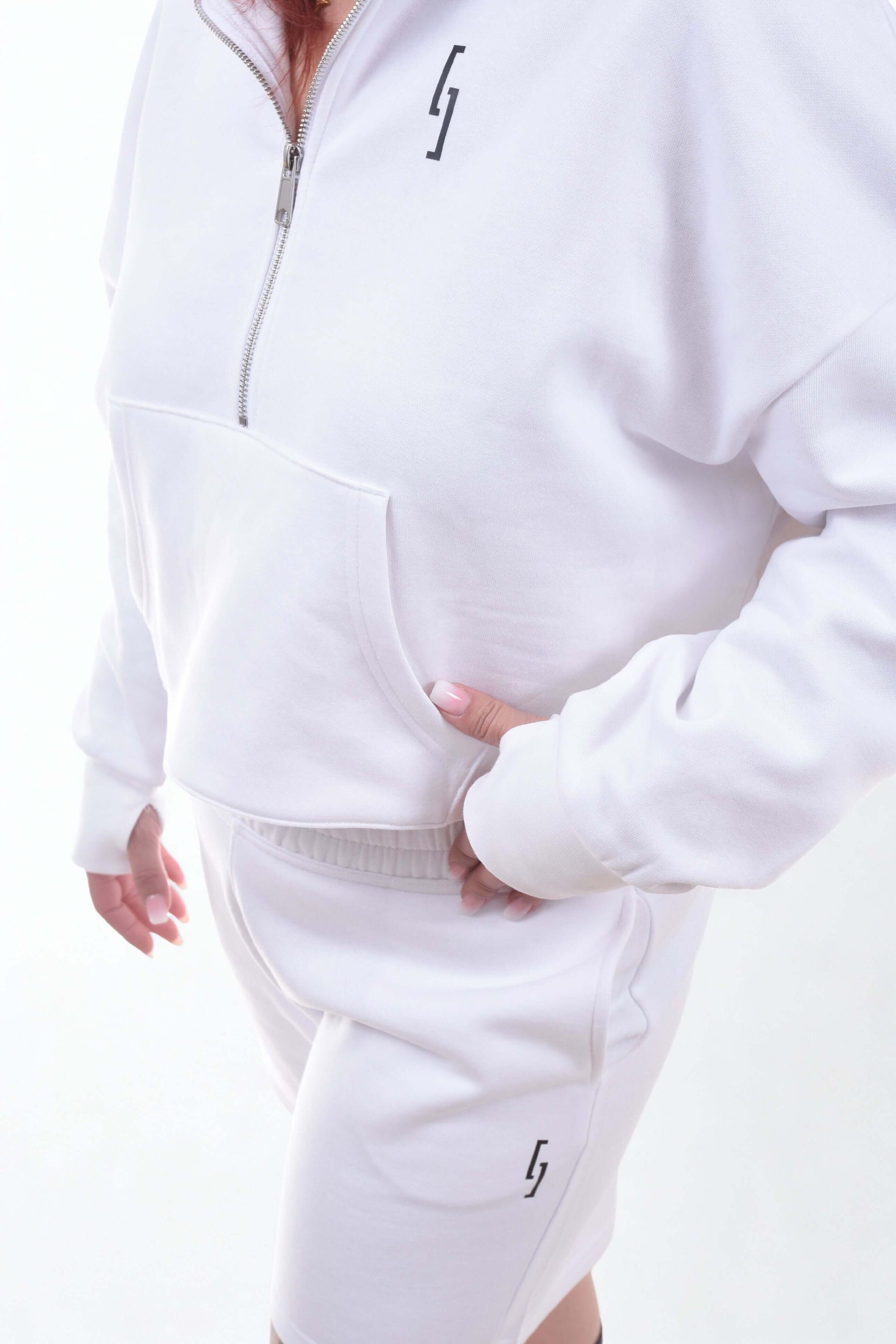 Athletic Comfort Zip - Raw Utility hoodie in white with pocket and zipper, perfect for gym-to-street looks.