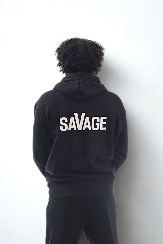 Model wearing heavyweight hoodie - RAW LINE with 'sAvAGE' printed on the back, showcasing a stylish, clean design.