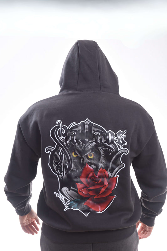 Heavyweight oversized zipper featuring a bold tattoo design of a panther and rose on the back.