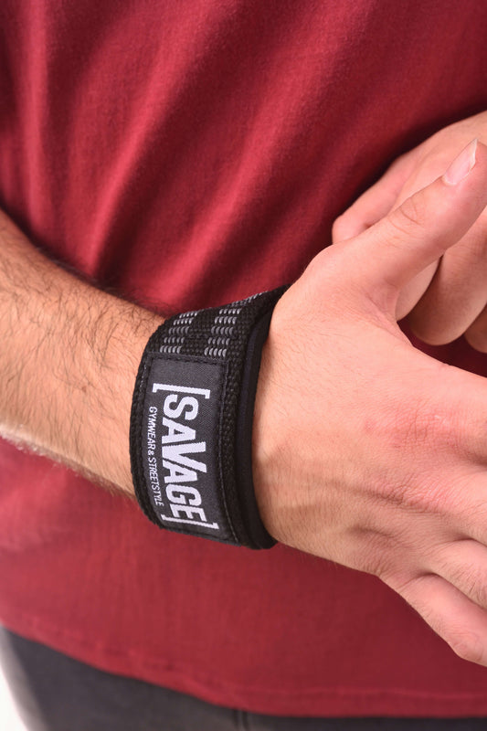 POWER LIFTING STRAPS - SAVAGE ZUGHILFEN worn on wrist showcasing grip and support for weightlifting.